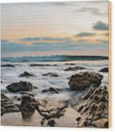 Painted Waves On Rocky Beach Sunset Wood Print