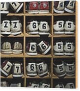 Pairs Of Bowling Shoes On A Shelf Wood Print