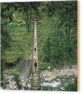 People Crossing A Suspension Bridge Wood Print