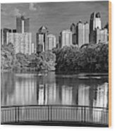 Piedmont Park Panorama - Atlanta Skyline In Black And White Wood Print