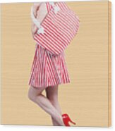 Pin Up Girl Wearing Stripped Red Dress Holding Bag Wood Print