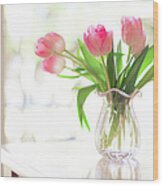Pink Glass Vase Of Pink Tulips In Window Wood Print