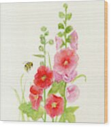 Pink Hollyhock Watercolor Wood Print