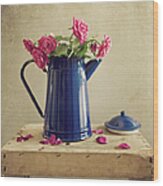 Pink Roses And Blue Jug Wood Print