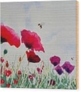 Poppies And Bees Wood Print