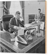 President Kennedy Speaking On Telephone Wood Print