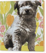 Puppy On Floral Background Wood Print
