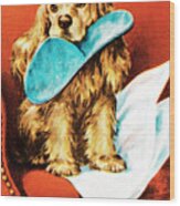 Puppy With Slipper Wood Print