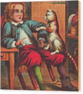 Puss And Boots Conversing With Young Boy Wood Print
