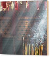 Rays Of Light Through Incense Coils Wood Print