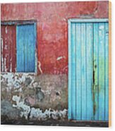 Red, Blue And Grey Wall, Door And Window Wood Print