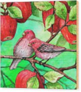 Red Finches With Apples Wood Print