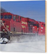 Red Locomotive Winter Scene Wood Print