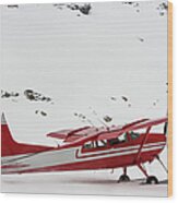 Red Plane With Skis Taking Off In Snow Wood Print