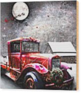 Red Truck On Christmas Eve Oil Painting Wood Print