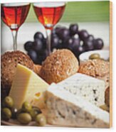 Red Wine Whit Cheese And Olives Wood Print