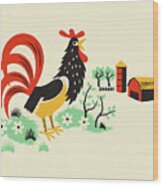 Rooster On A Farm Wood Print