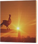 Rooster On Fence At Dawn, Crowing Wood Print