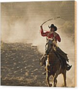 Roping Cowboy On Running Horsekicking Wood Print