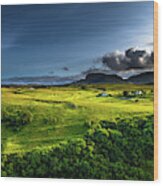 Rural Landscape With Remote Houses At The Old Man Storr Formation On The Isle Of Skye In Scotland Wood Print