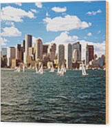 Sailboats In Boston Harbor In Front Of Wood Print