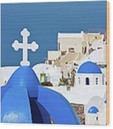 Santorini Churches And White Cross Wood Print