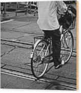 Schoolboy Bicycling Across Railroad Wood Print