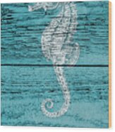 Seahorse On Blue Wood Wood Print