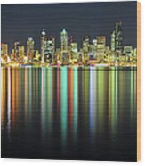 Seattle Skyline At Night Wood Print