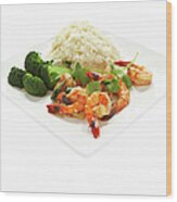 Shrimp Stir Fry On Plate On White Wood Print
