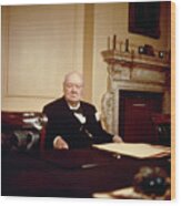 Sir Winston Churchill Sitting At Desk Wood Print