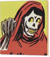 Skeleton Wearing A Red Hooded Cape Wood Print