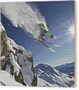 Skier In Midair On Snowy Mountain Wood Print