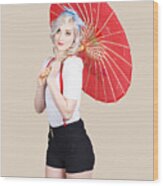 Smiling Retro Woman Holding A Red Umbrella Wood Print