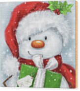 Snowman With Present 3 Wood Print