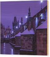 Snowy Prague. Night Charles Bridge 1 Wood Print
