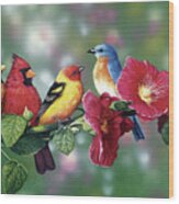 Songbirds On Hollyhock Wood Print