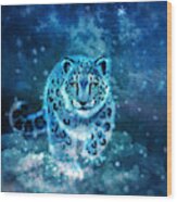 Spirit Snow Leopard In Mystical Twilight Sky Wood Print