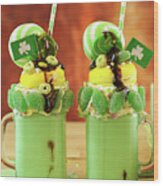 St Patrick's Day On-trend Holiday Freak Shakes With Candy And Lollipops. Wood Print