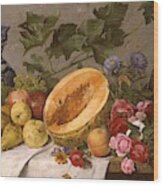 Still Life With Fruit And Roses Wood Print