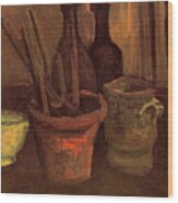 Still Life With Paintbrushes In A Pot Wood Print