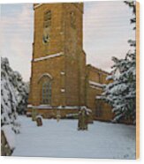 Stone Church In The Snow At Sunset Wood Print