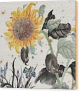 Sunflower And Dragonfly Wood Print