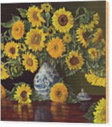 Sunflowers In Blue And White Vase Wood Print