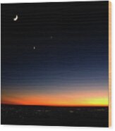 Sunset And Crescent Moon With Planets Wood Print