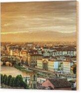 Sunset In Florence Duet 1 - Ponte Vecchio And Palazzo Vecchio Wood Print