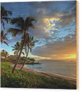 Sunset Near Makena With Tropical Palm Wood Print
