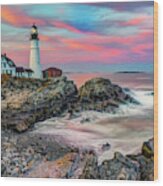 Sunset On Cape Elizabeth - Maine's Portland Head Light Wood Print