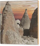 Sunset On Fairy Chimney Balanced Rock Formations Wood Print