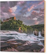 Sunset On Rhine Falls Wood Print